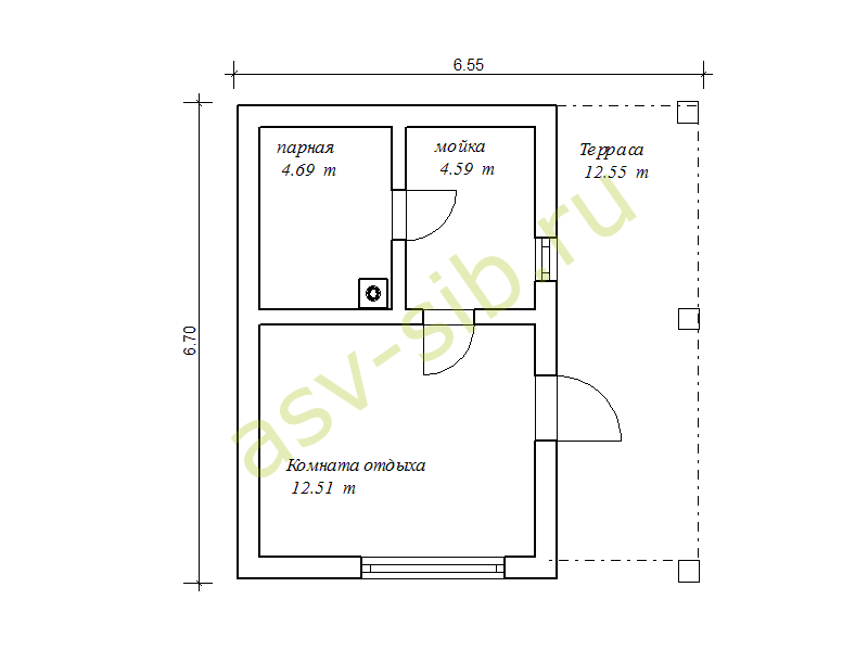 Планировка бани из газобетона с террасой, проект Д-34.