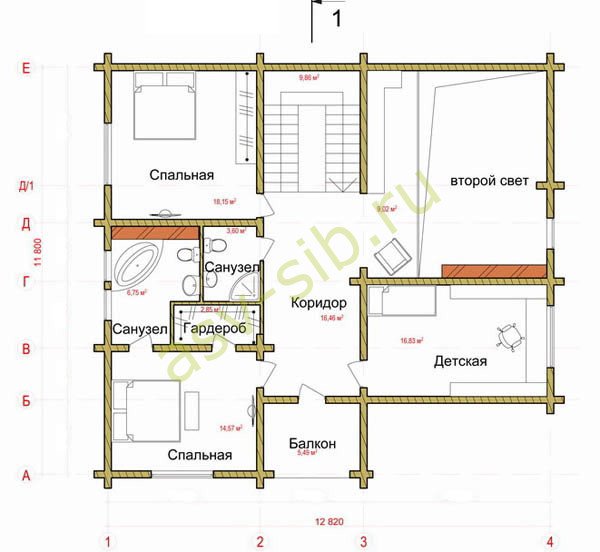 Брусовой дом по проекту Б-286: планировка второго этажа